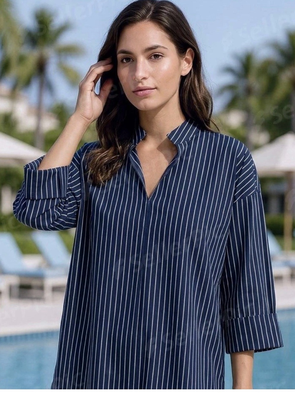 Lafayette 148 split neck blue stripe blouse